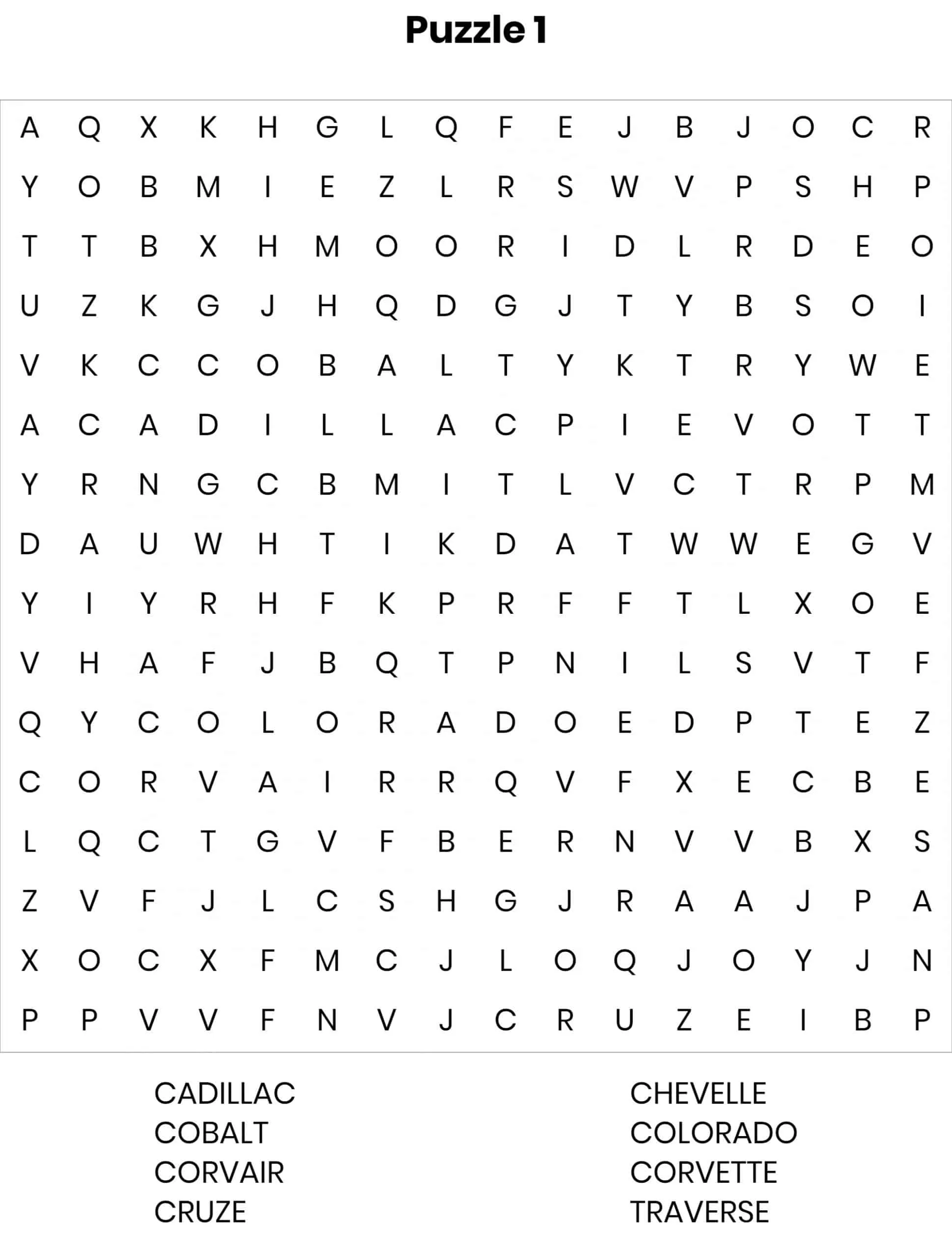 Printable Automotive Crossword Puzzles